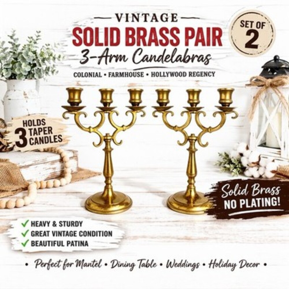Vintage Brass 3 Arm Candelabra Pair Candle Holders Colonial Decor